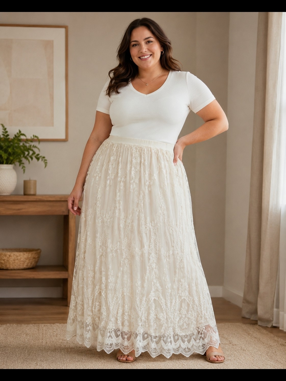 Womens Plus Size 22/24 Ivory Lace Maxi Skirt Boho Cottagecore Embroidered Mesh
